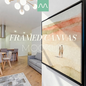 Puede incluir: Un lienzo rectangular enmarcado que presenta un paisaje abstracto en acuarela con dos figuras de pie sobre una superficie arenosa. La obra muestra suaves bandas horizontales en tonos melocotón, beige y verde apagado dentro de un marco negro fino.