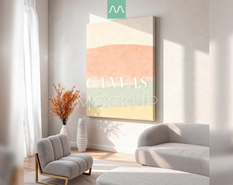 Maqueta de lienzo vertical / Textura realista, escena Japandi moderna, plantilla PSD para arte mural