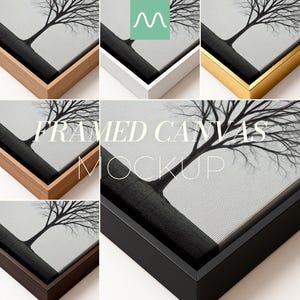 May include: A collection of framed canvas mockups featuring a black and white tree illustration. The frames are available in various finishes including light wood, white, gold, dark wood, and black. The text FRAMED CANVAS MOCKUP is centered.