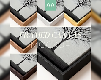 Maqueta de lienzo enmarcado de primer plano / Paquete de 6 colores de marco flotante, negro, blanco, madera y dorado, textura realista, PSD