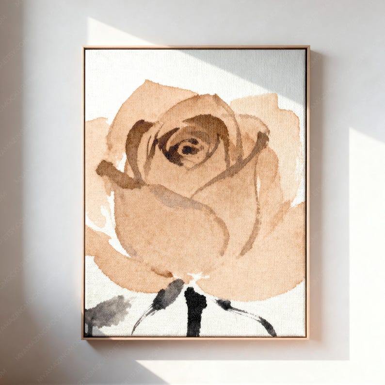 May include: A rectangular wall art print featuring a watercolor painting of a single rose in shades of tan, beige, and brown. The flower is centered on a white background with dark brown and black brushstrokes defining the stem and leaves.