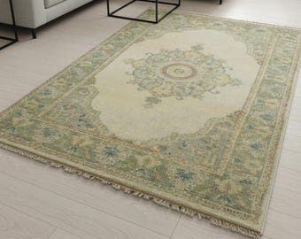 Hand Knotted Oushak Rug | 8x10 Sage Green Ivory Wool Rug | Turkish Living Room Carpet