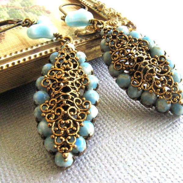 Antique gold filigree, blue OOAK earrings--bridal-bridesmaids-real antique-reclaimed jewelry---Low Shipping