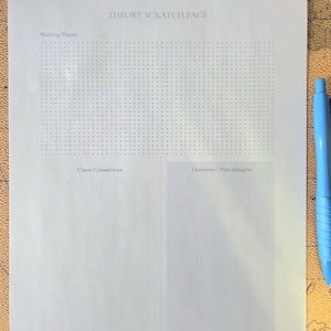 May include: A white Theory Scratch Page with sections for Working Theory, Clues/Connections, and Questions/Next thoughts. The page has a dot grid pattern and a blue pen is visible on the right. The text "Vibrant Twist - for the steady dreamer" is at the bottom.
