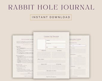 Może przedstawiać: Drukowany dziennik z tekstem "DARK ACADEMIA RABBIT HOLE JOURNAL" i "INSTANT DOWNLOAD". Dziennik zawiera strony do śledzenia postaci i budowania świata. Na dole obrazu widnieje napis "INSTANT PRINTABLE DOWNLOAD - LETTER SIZE & A4".
