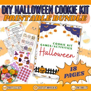 Może przedstawiać: Zestaw do druku DIY Halloween cookie kit z różnymi elementami. Zawiera broszurę z tekstem "Cookie Kit Games/Activities Halloween" i "18 Pages". Zawiera również instrukcje dekorowania ciasteczek, naklejki i dekorowane ciasteczka.