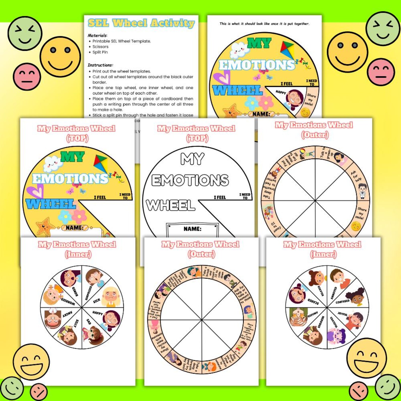 Sel Rueda Rueda de emociones SEL imprimible / Tabla de sentimientos para niños ...