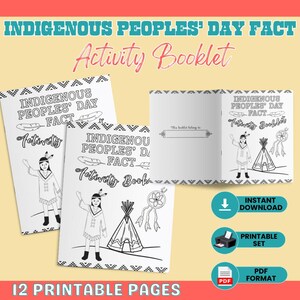 May include: A set of printable activity booklets for Indigenous Peoples' Day. The booklets feature illustrations of Native American figures, teepees, and dream catchers. The text includes "Indigenous Peoples' Day Fact Activity Booklet" and "12 Printable Pages". Includes instant download and PDF format.