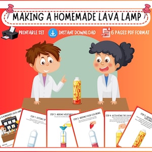 Könnte beinhalten: Buntes Bild zur Förderung eines selbstgemachten Lava-Lampen-Experiments. Das Bild zeigt zwei Kinder in Laborkitteln, eine Lavalampe und Schritt-für-Schritt-Anleitungen. Text enthält "MAKING A HOMEMADE LAVA LAMP", "PRINTABLE SET" und "INSTANT DOWNLOAD".