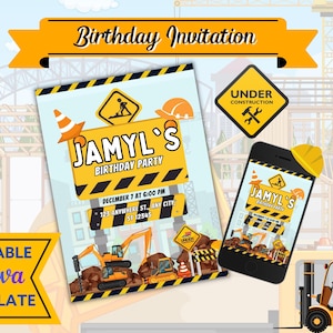 Customizable Construction Birthday Party Invitation | Editable Canva Template | Digital Download