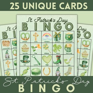 Puede incluir: Tarjetas de bingo del Día de San Patricio con ilustraciones de acuarela de pretzels, arcoíris, ollas de oro y más. Las tarjetas muestran el texto "25 UNIQUE CARDS" y "St. Patrick's Day BINGO".