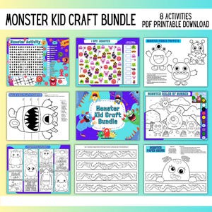 May include: A colorful Monster Kid Craft Bundle with eight printable activities. Includes a word search, I Spy game, coloring pages, finger puppets, and more. The bundle is a PDF download.