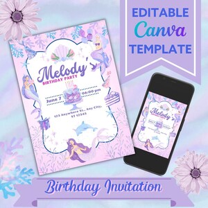 May include: A mermaid-themed birthday invitation template with the text "Melody Birthday Party" and "Birthday Invitation". The design includes mermaids, cake illustrations, and the text "Editable Canva Template". The invitation is shown on paper and a smartphone.