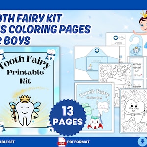Puede incluir: Un kit imprimible de Tooth Fairy para niños, con páginas para colorear y otros elementos. El kit incluye un kit imprimible, páginas para colorear y accesorios. El diseño es en tonos azules y blancos, con ilustraciones de un hada de los dientes.
