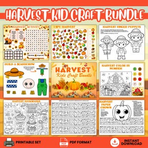 Pode incluir: Um conjunto de artesanato infantil imprimível com o tema da colheita. Inclui atividades como uma sopa de letras, um jogo «I Spy», fantoches de dedo, uma atividade para construir um espantalho, páginas para colorir, marcadores e uma coroa de papel. Disponível em formato PDF para download instantâneo.