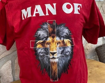 man of faith christian lion cross T shirt red XL cut vinyl