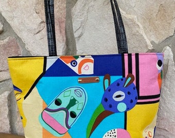 black faux leather african print tote bag yellow pink blue