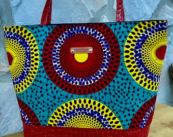 red faux leather african print tote bag yellow black turquoise