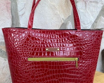 red faux leather tote bag  front gold front zipper