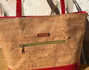 cork shoulder bag red faux leather tote front gold zipper purse