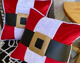 2 Santa Claus pillow cover two  Christmas pillow Accent Pillows Cushions  Holiday Decorations  red velvet black faux leather belt