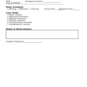 Caregiver Daily Log – Printable & Fillable PDF | Home Care Client Care Sheet | Elderly Care Tracker