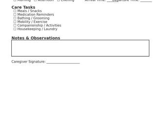 Caregiver Daily Log – Printable & Fillable PDF | Home Care Client Care Sheet | Elderly Care Tracker