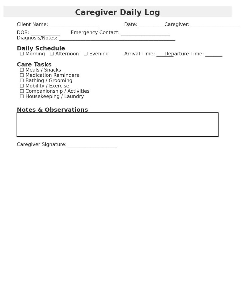 Caregiver Daily Log – Printable & Fillable PDF | Home Care Client Care ...
