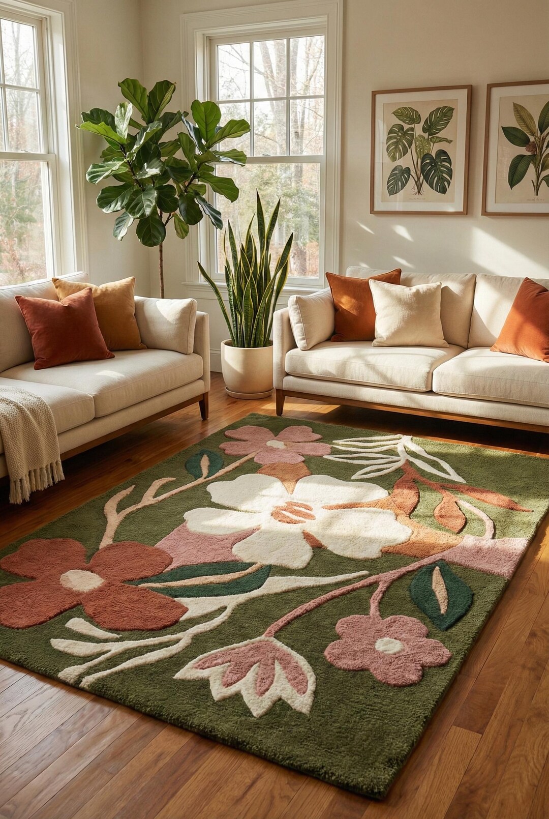 Handmade Tufted Wool Floral Rug – Modern Botanical Statement Carpet for ...