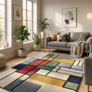 Alfombra geométrica abstracta moderna de lana tejida a mano, multicolor