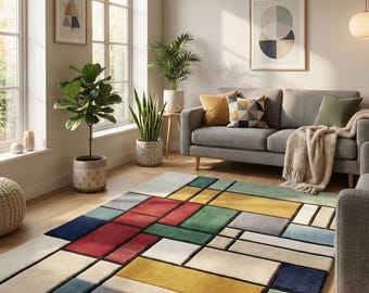 Modern abstract geometrisch vloerkleed – handgetuft wollen tapijt, veelkleurig