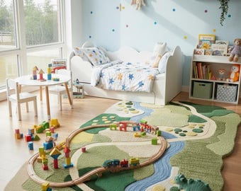 Abstract Landscape Wool Rug – Hand Tufted Modern Nursery Rug for Kids Room