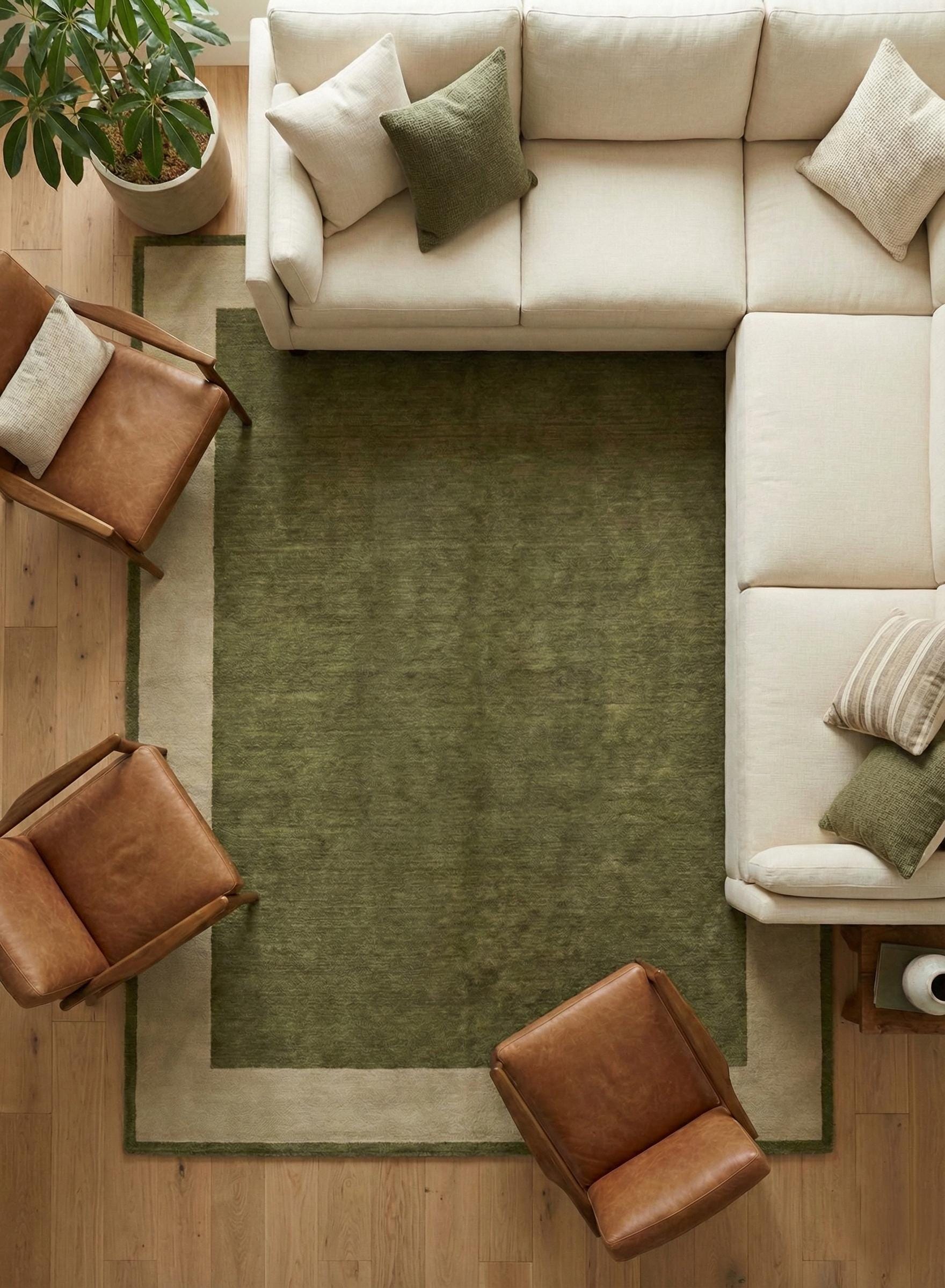 Hand Tufted Olive Green Wool Rug With Beige Border – Modern Minimalist ...