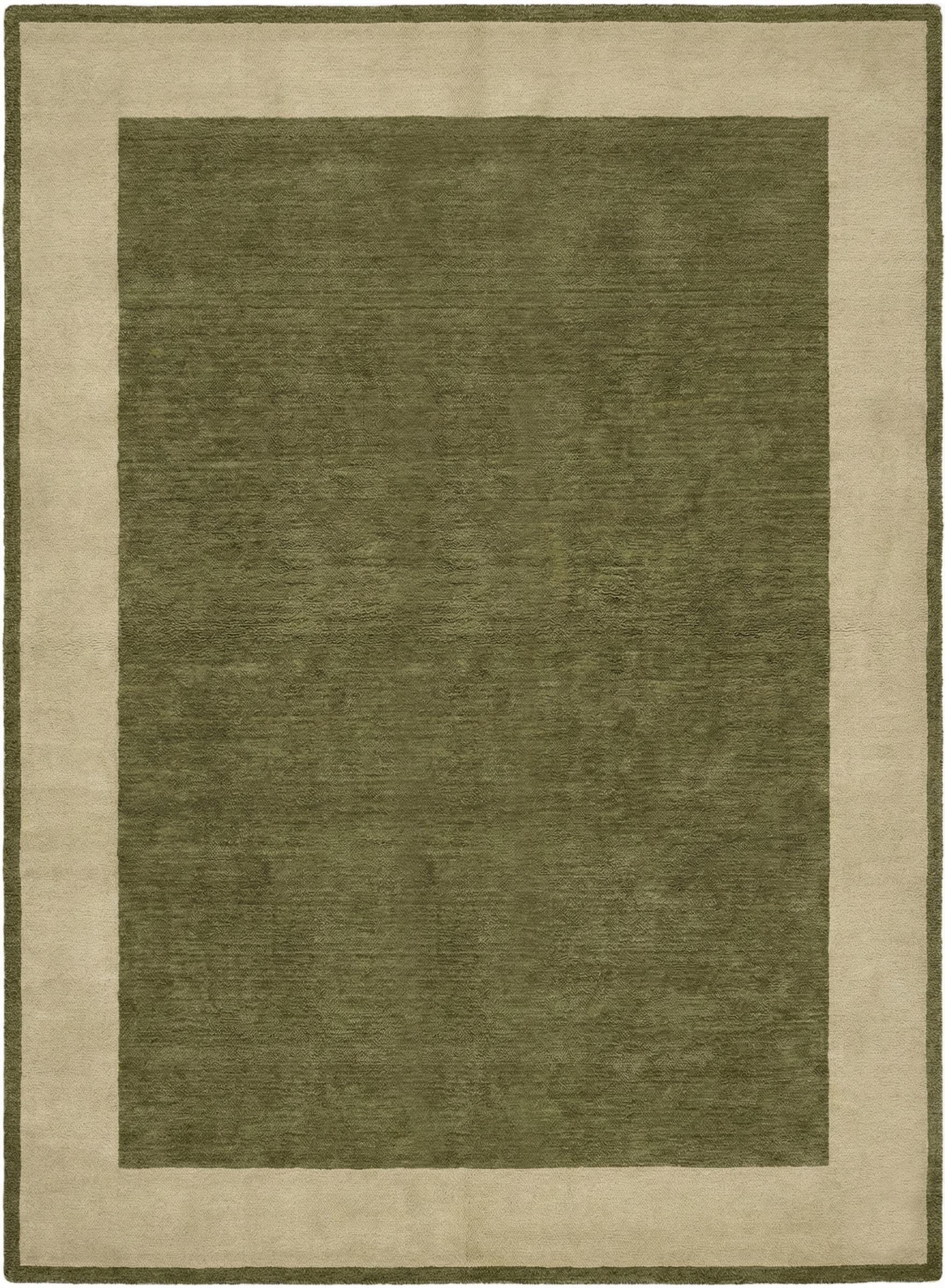 Hand Tufted Olive Green Wool Rug With Beige Border – Modern Minimalist ...