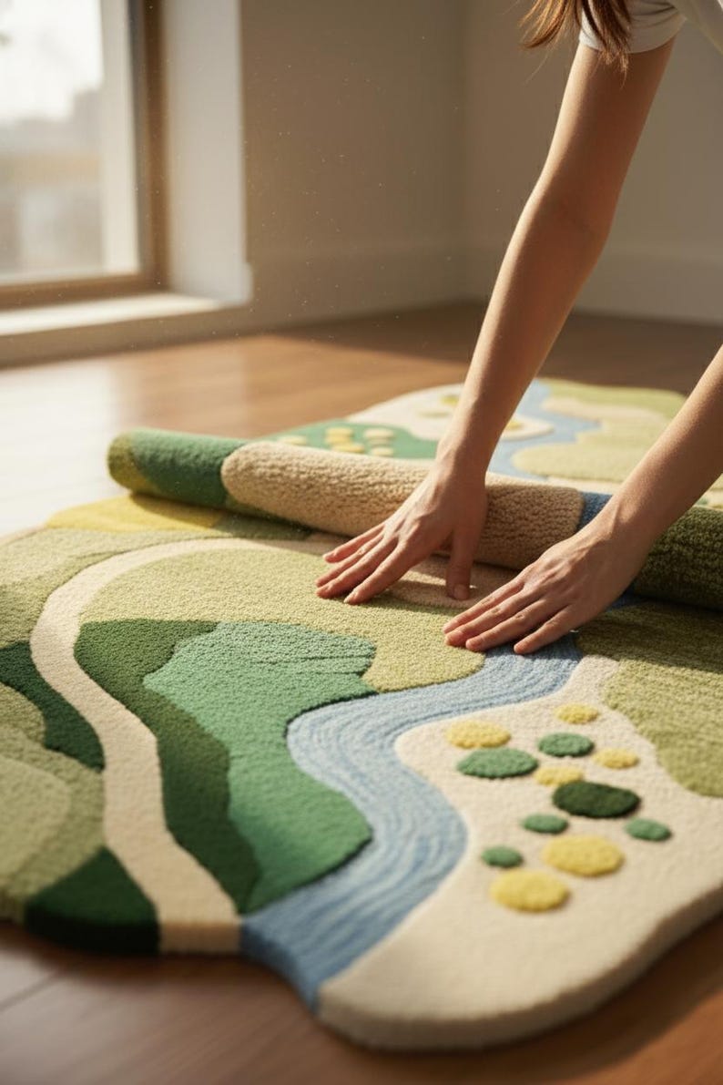 Abstract Landscape Wool Rug – Hand Tufted Modern Nursery Rug for Kids ...