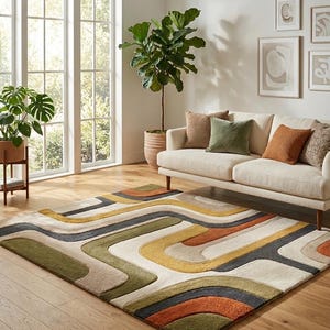 May include: A rectangular area rug featuring a repeating pattern of curved, flowing lines in shades of olive green, mustard yellow, burnt orange, and charcoal grey against a cream-coloured background, with a textured, tufted pile construction.