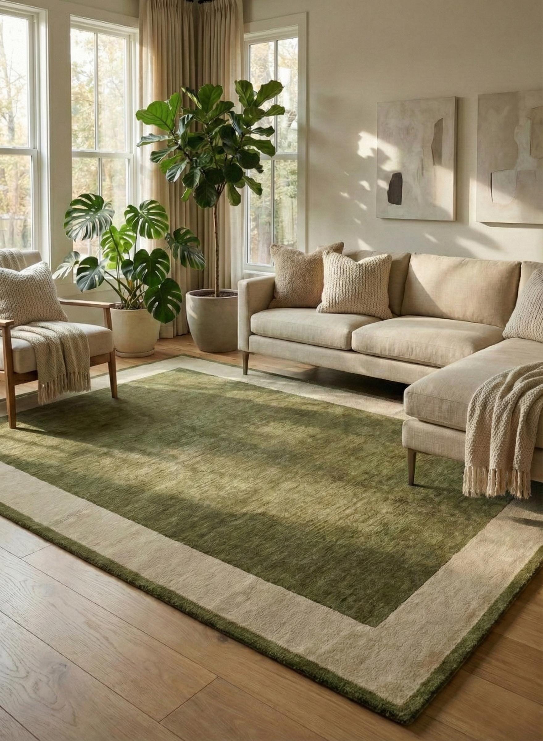 Hand Tufted Olive Green Wool Rug With Beige Border – Modern Minimalist ...