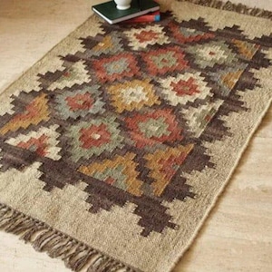 Handmade Wool Jute Kilim Rug, Flatweave Dhurrie, Vintage Style