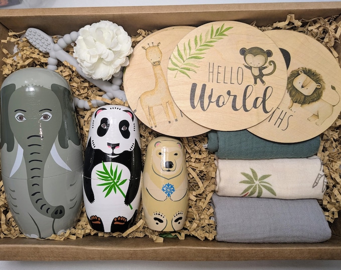 Animals Nesting Dolls Baby Gift Set: Burp Cloths, teether and Milestone Marker photo Props.