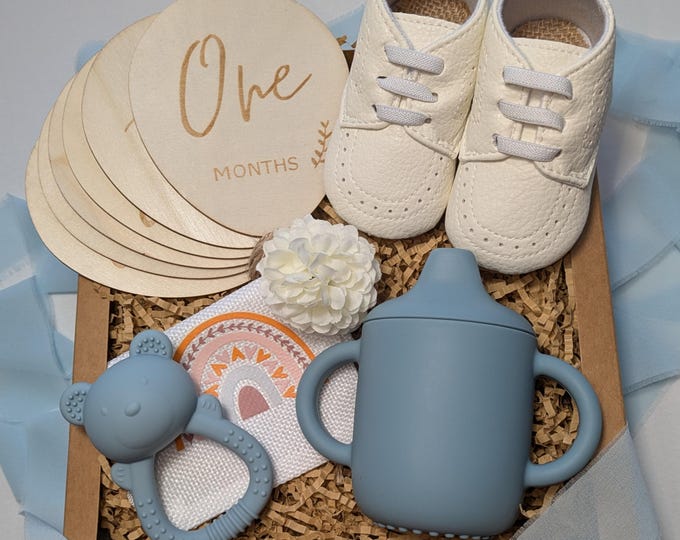 Blue Baby Boy Gift Box: Milestone Markers, Shoes & Sippy Cup