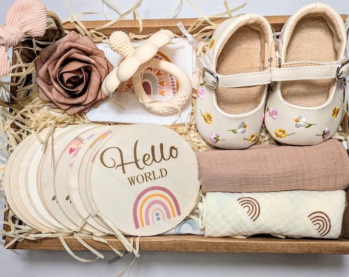New mum, baby shower/reveal, baby gift box; baby shoes, hairband milestone markers, faux pacifier teether, burp cloth, dribble bib.