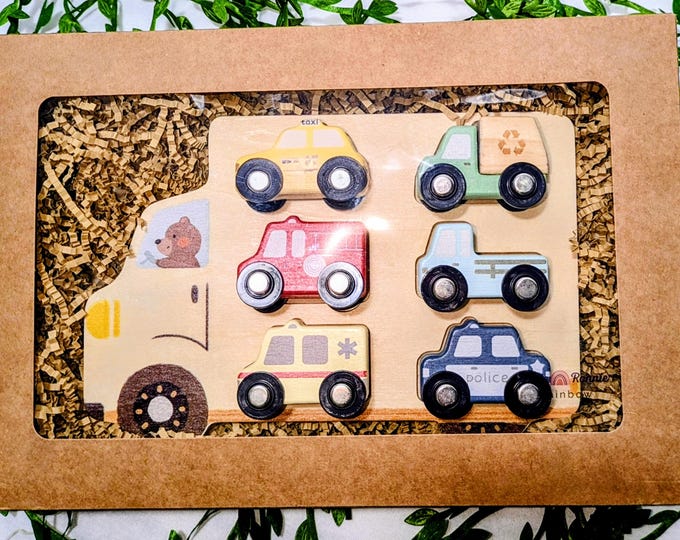 Wooden Vehicles Puzzle, 6 Vehicles and puzzle board.
