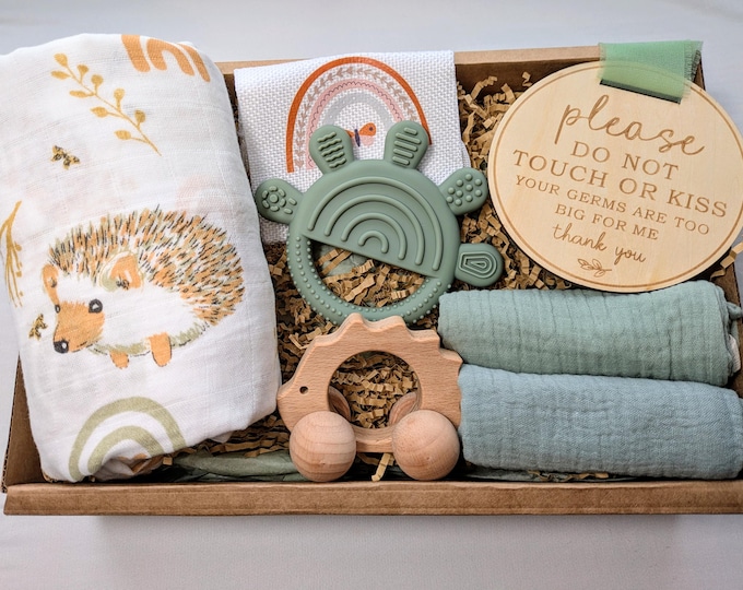 New mum, baby shower/reveal, gender neutral gift box;swaddle blanket, burp cloths, wooden nursery decoration,teether, sign for pram
