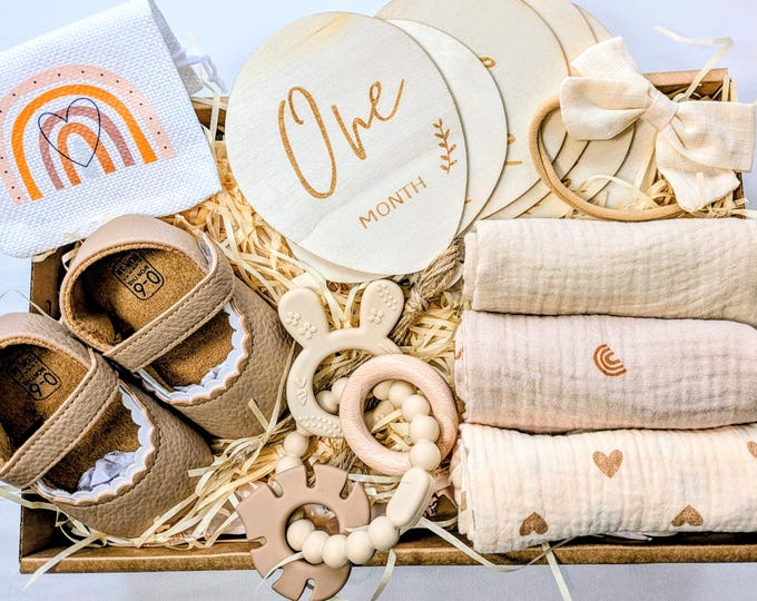 Baby Girl Gift Box: Beige Shoes, Teether, Milestone Markers