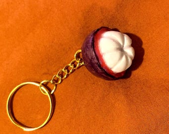Mangosteen Keyring | Tropical Fruit Keychain | Miniature Food Charm  | Handmade Polymer Clay Accessory