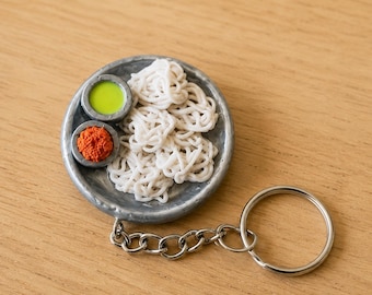 Idiyappam Sothi Sambal Keychain, Miniature South Indian Food Charm, Polymer Clay Jewellery