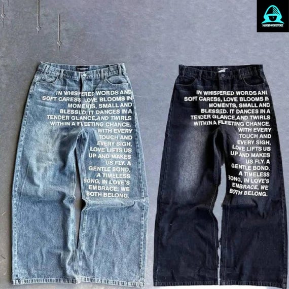 Oversized Denim Pants with Text Design - Letter Print Baggy Jeans