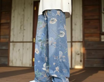 Wijde pijpenjeans met bloemenprint - uniseks losse spijkerbroek - handgemaakte vrijetijdsbroek