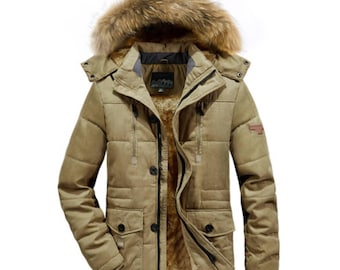 Chaqueta de invierno con capucha de piel para hombre: parka cálida con forro polar y múltiples bolsillos