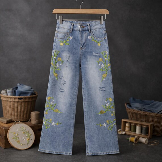 Handmade Floral Embroidered Denim Pants - Women Wide Leg Jeans - Relaxed Fit Pant